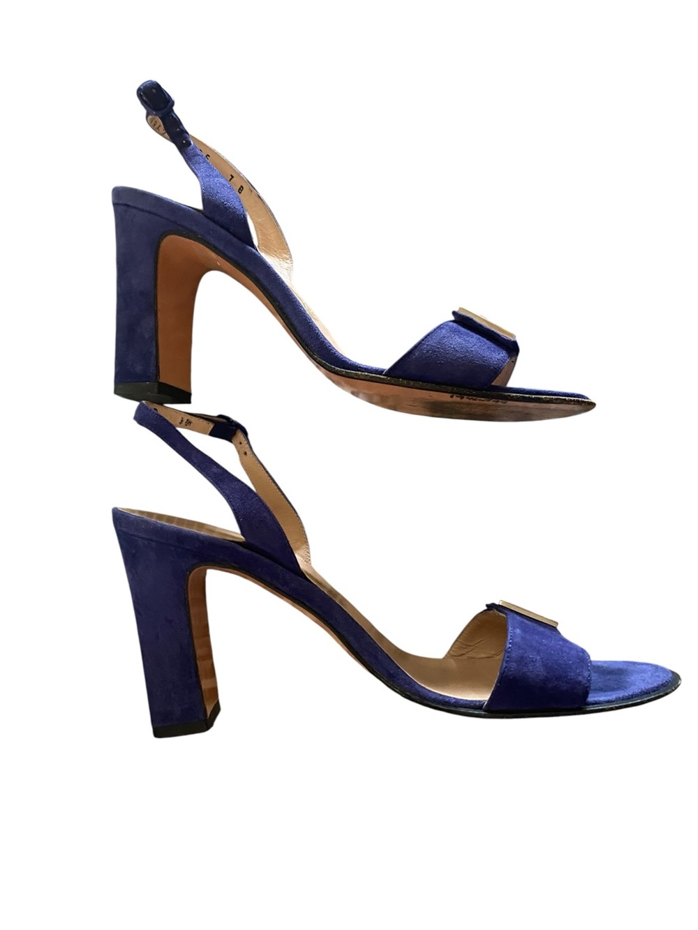 Vintage y2k Salvatore Ferragamo Blue Suede Slingback Block Heels Silver Buckle - Picture 8 of 16